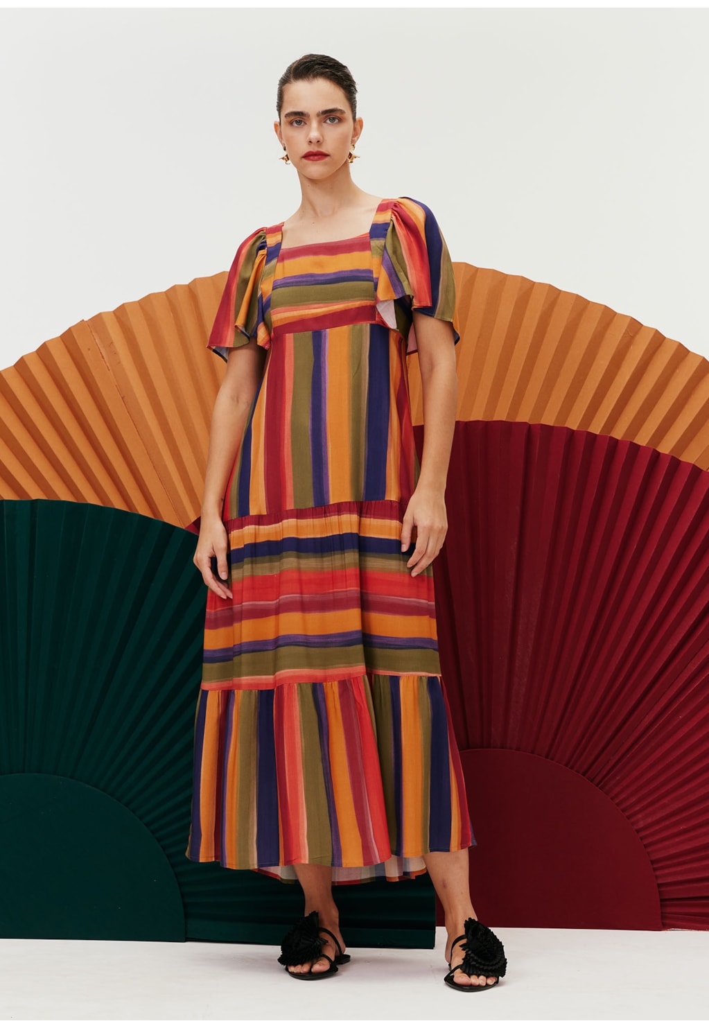 Vestido Midi Manga Curta Estampado Xaxado