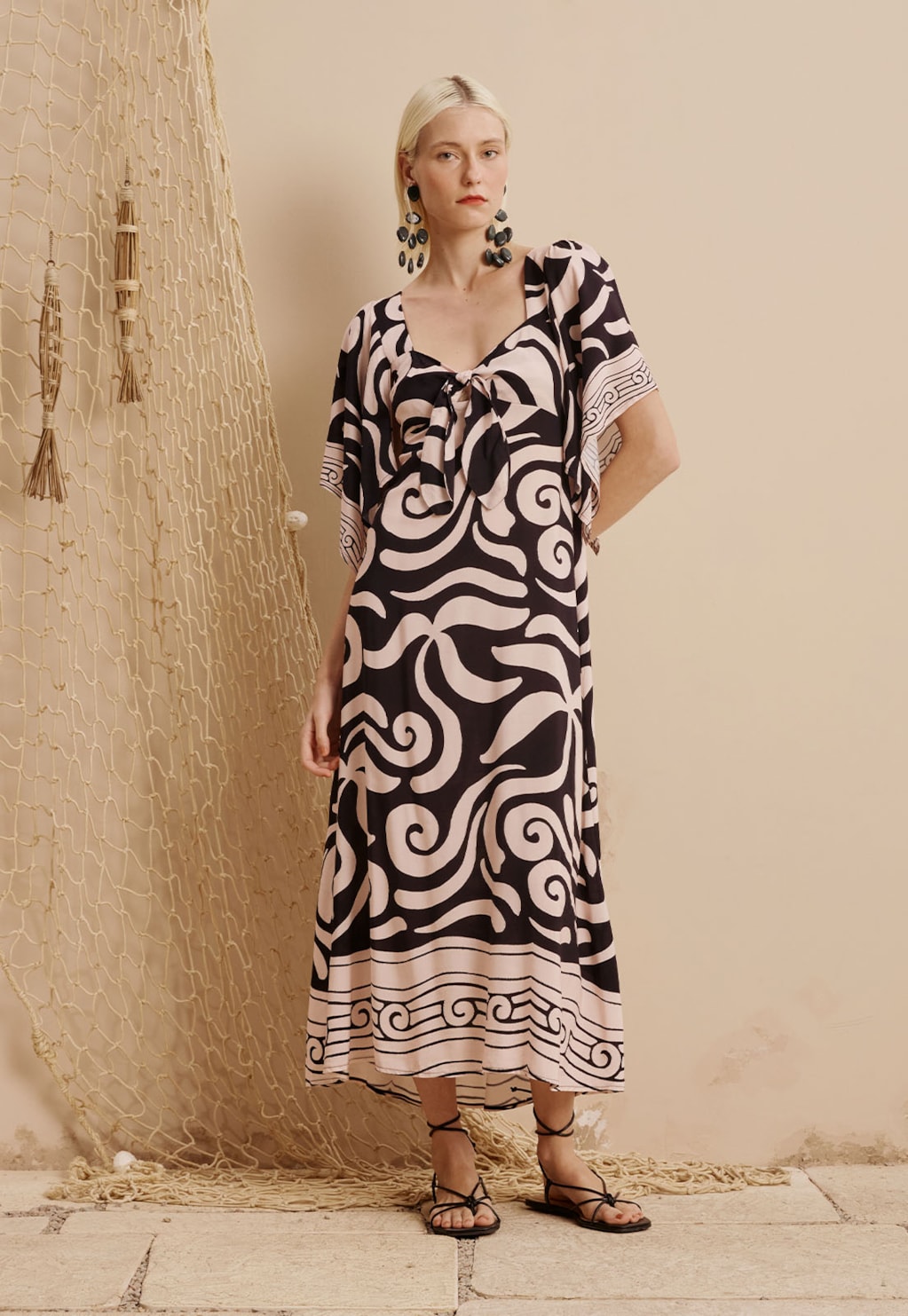 Vestido Midi Manga Decote Nó Estampado Pororoca