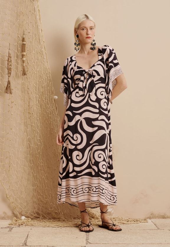 Vestido Midi Manga Decote Nó Estampado Pororoca Vista Frontal