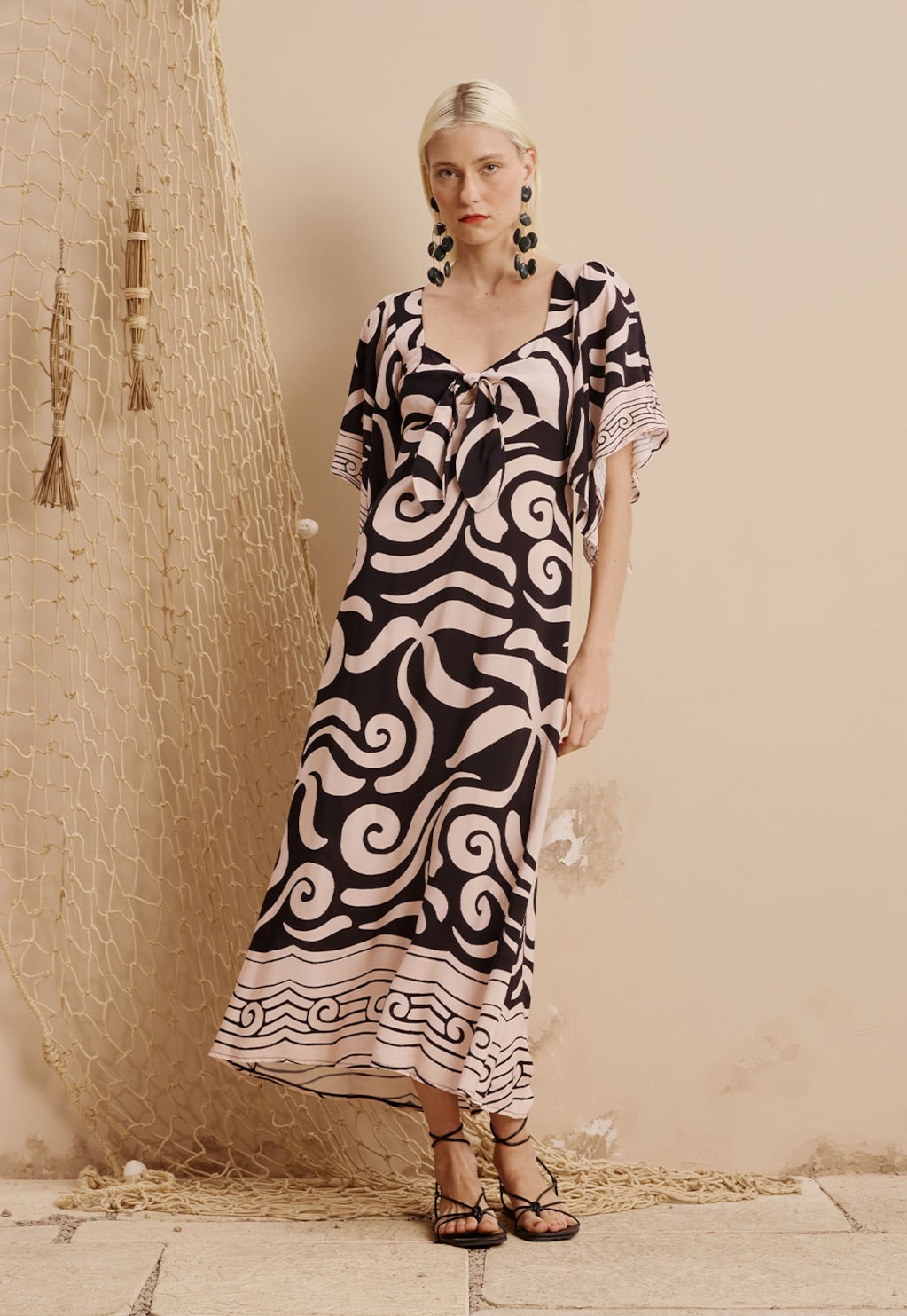 Vestido Midi Manga Decote Nó Estampado Pororoca