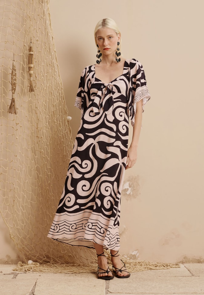 Vestido Midi Manga Decote Nó Estampado Pororoca