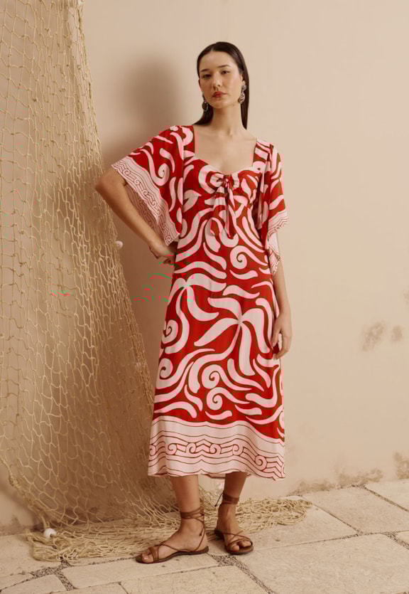 Vestido Midi Manga Decote Nó Estampado Pororoca Vista Frontal