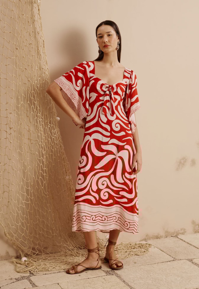 Vestido Midi Manga Decote Nó Estampado Pororoca