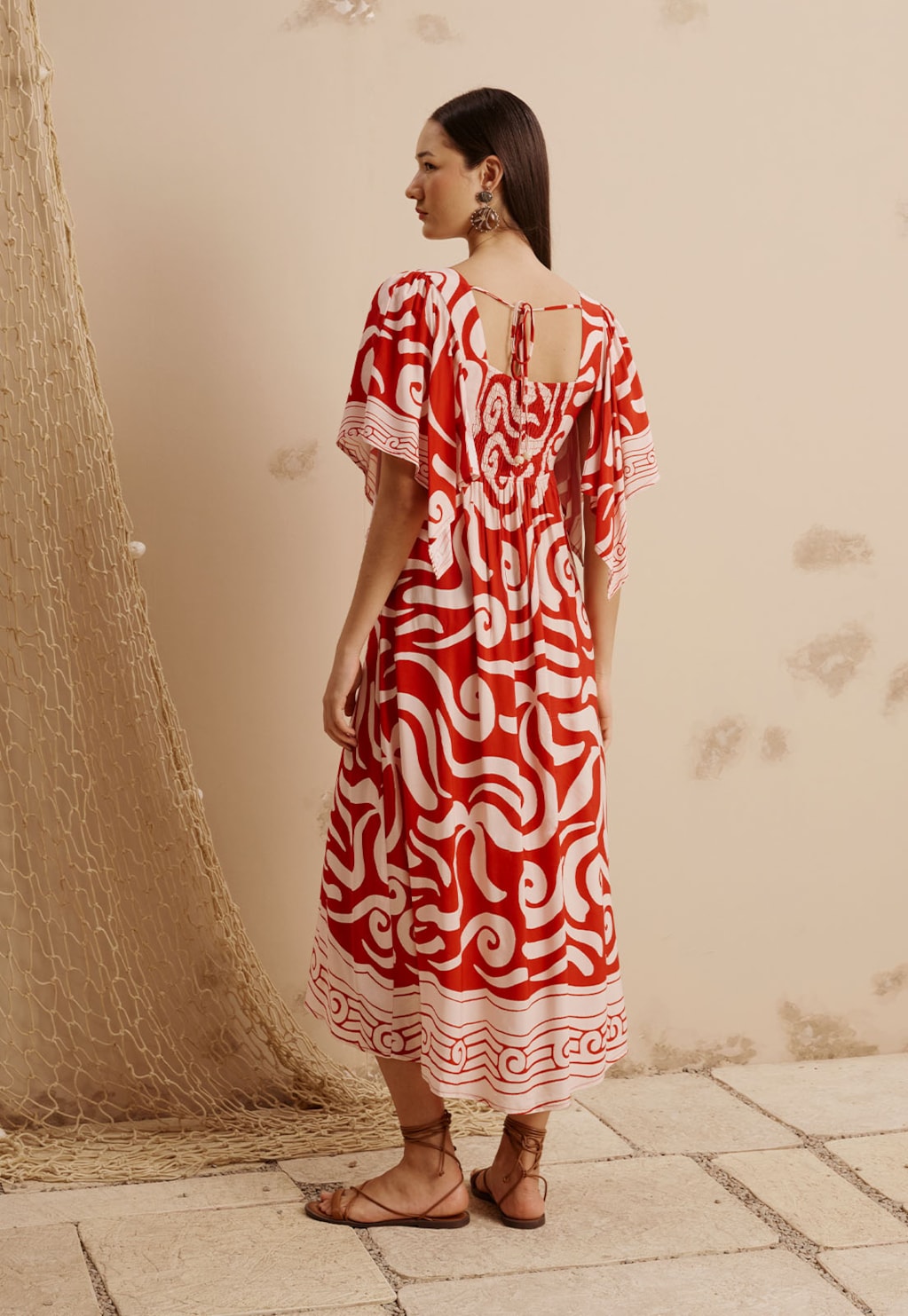 Vestido Midi Manga Decote Nó Estampado Pororoca