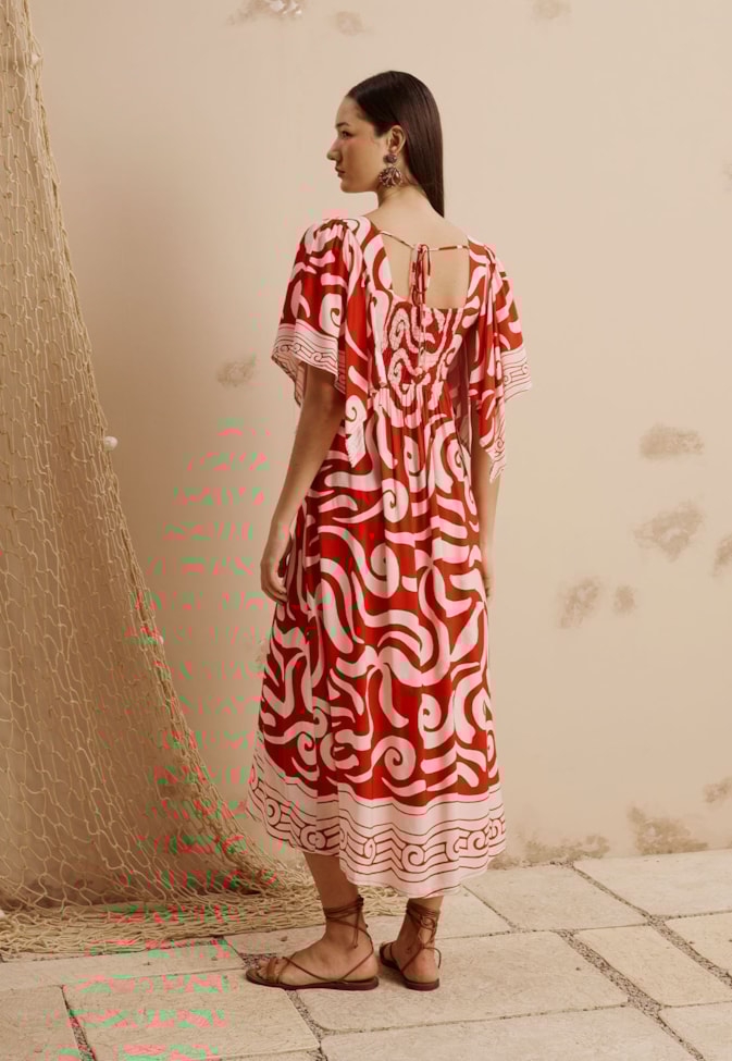 Vestido Midi Manga Decote Nó Estampado Pororoca