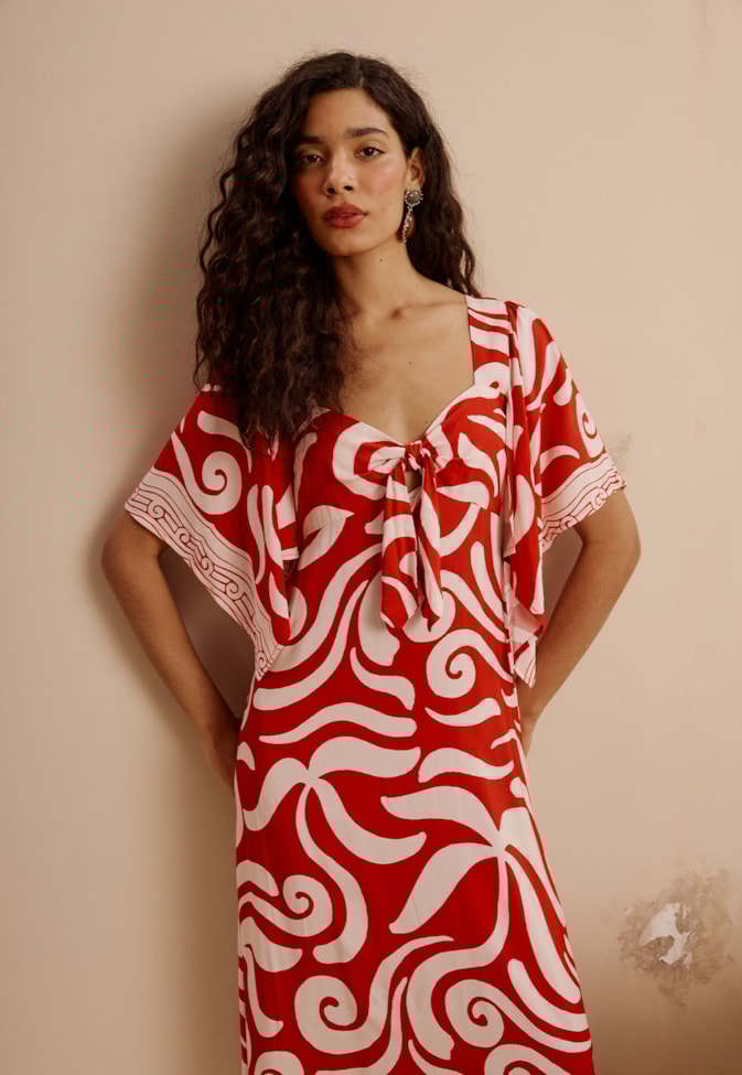 Vestido Midi Manga Decote Nó Estampado Pororoca