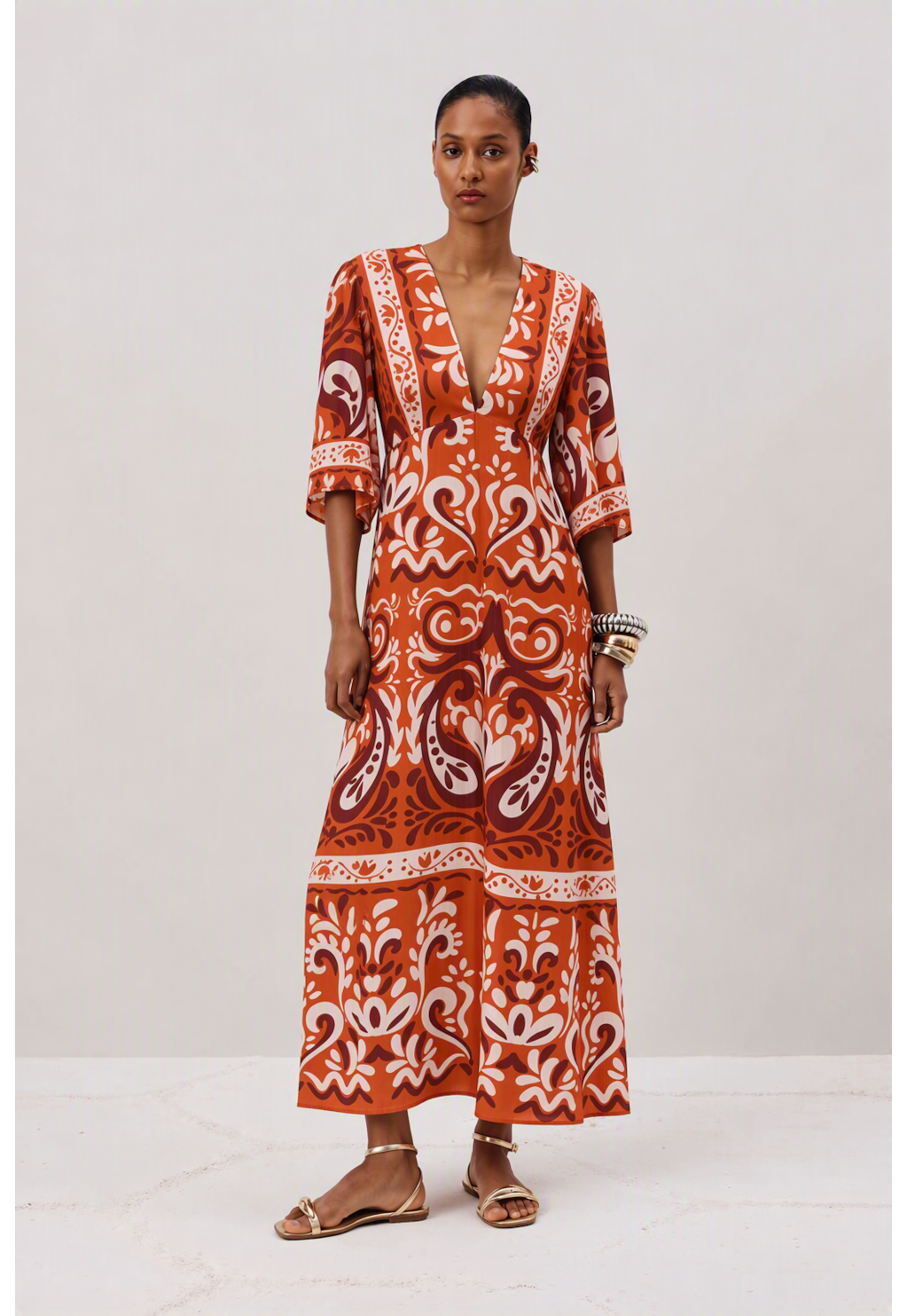 Vestido Midi Manga Estampado 