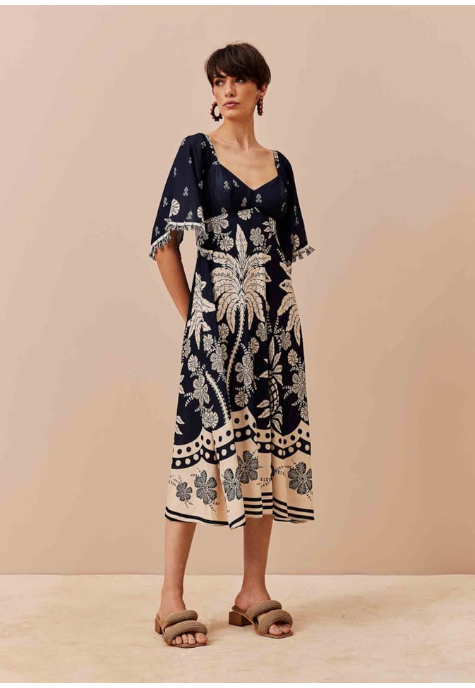 Vestido Midi Manga Estampado Arbol de Coco