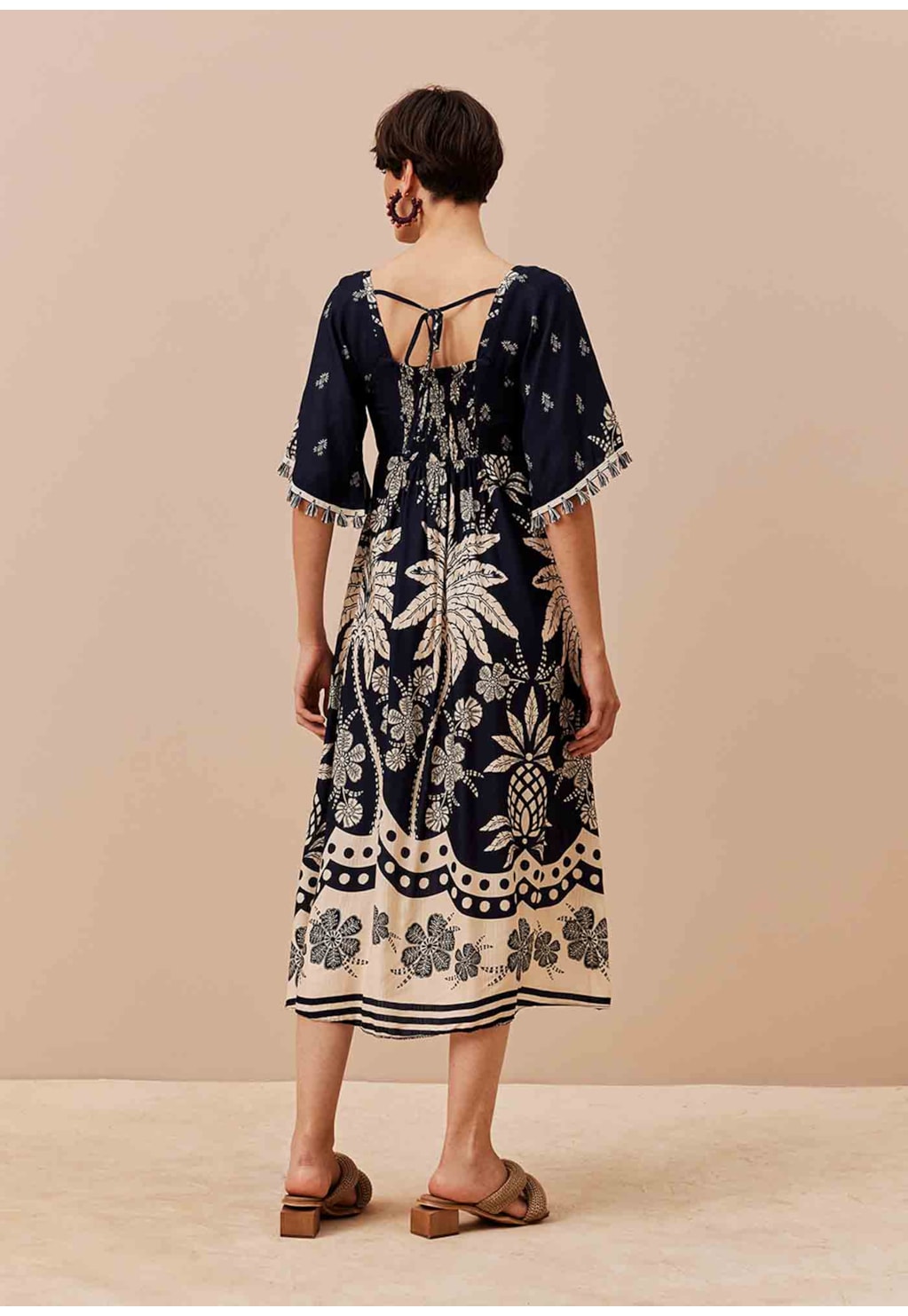 Vestido Midi Manga Estampado Arbol de Coco