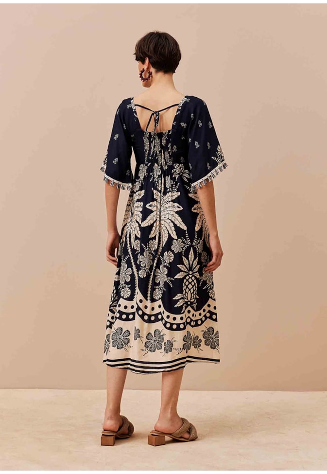 Vestido Midi Manga Estampado Arbol de Coco