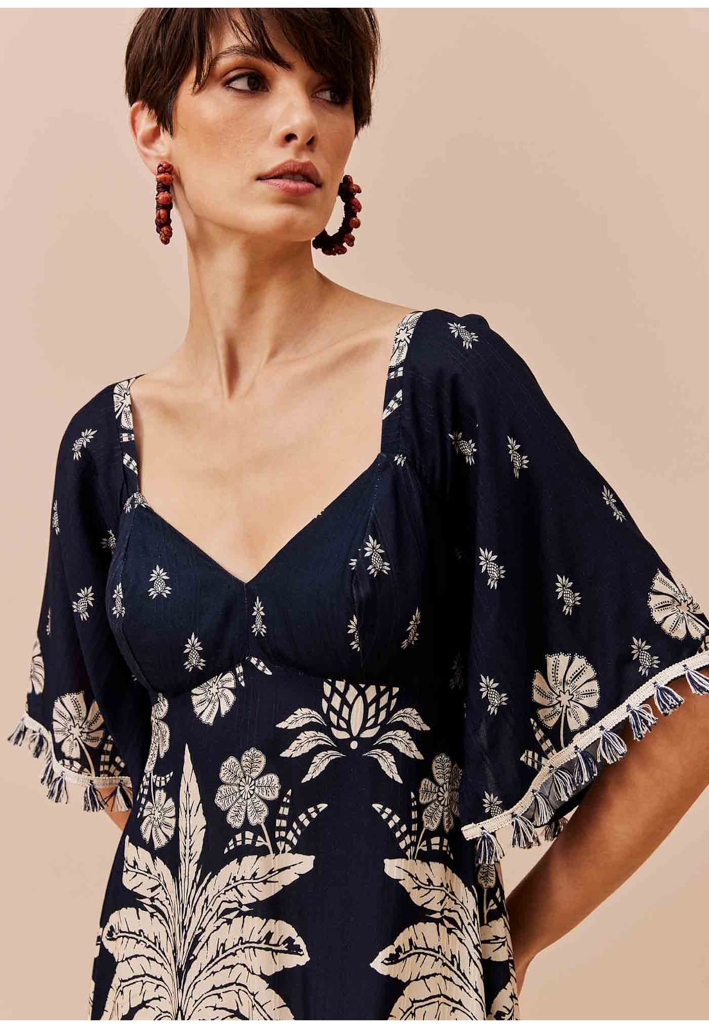 Vestido Midi Manga Estampado Arbol de Coco