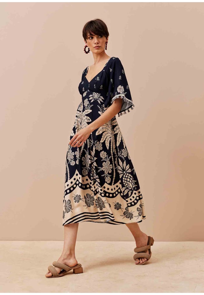 Vestido Midi Manga Estampado Arbol de Coco