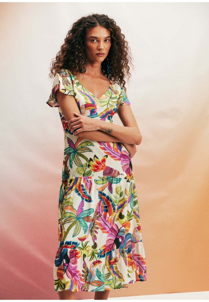 Vestido Midi Manga Estampado Tucanuçu