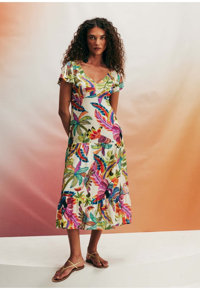 Vestido Midi Manga Estampado Tucanuçu
