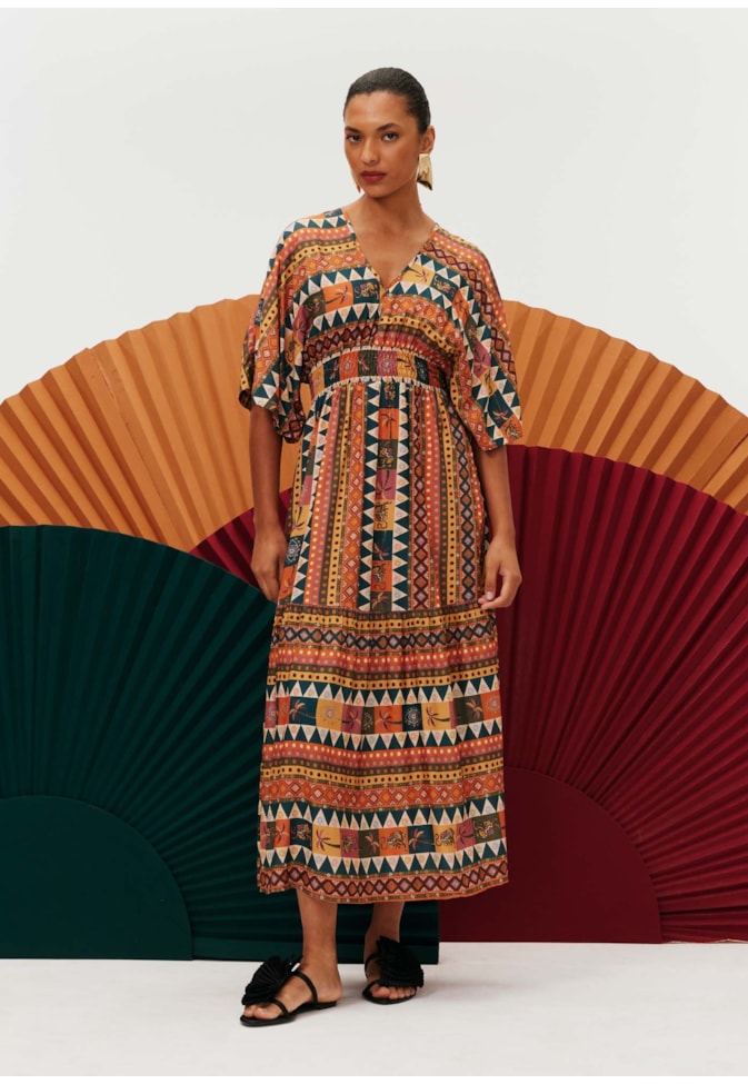 Vestido Midi Manga Kimono Estampado Batucalê