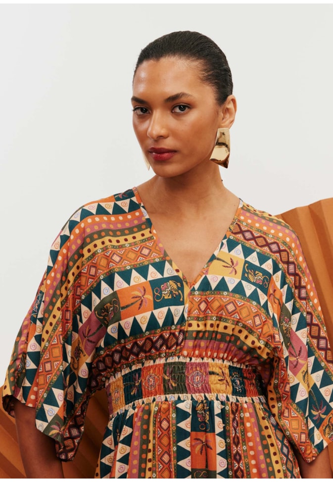 Vestido Midi Manga Kimono Estampado Batucalê