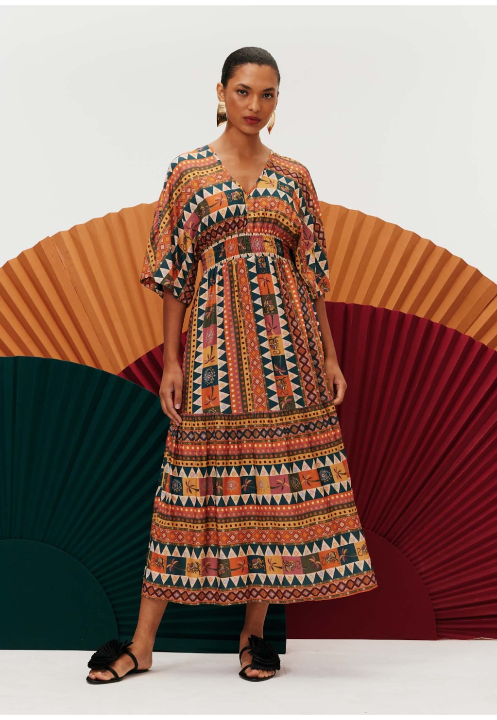 Vestido Midi Manga Kimono Estampado Batucalê