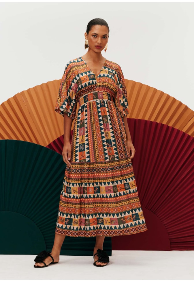 Vestido Midi Manga Kimono Estampado Batucalê