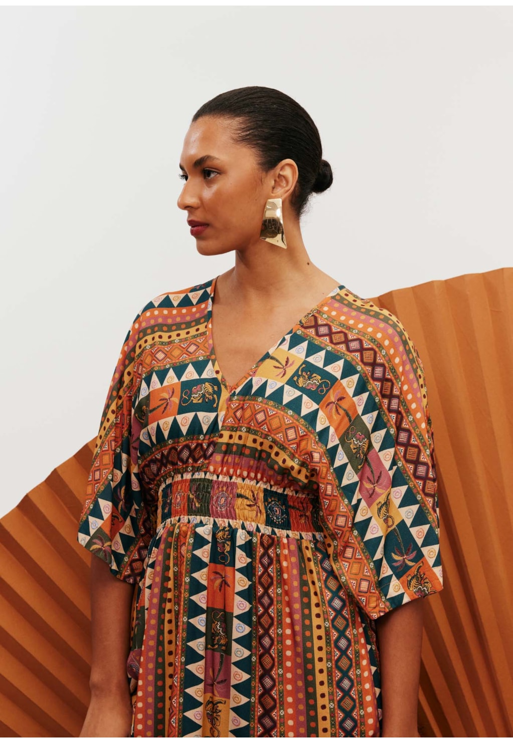 Vestido Midi Manga Kimono Estampado Batucalê