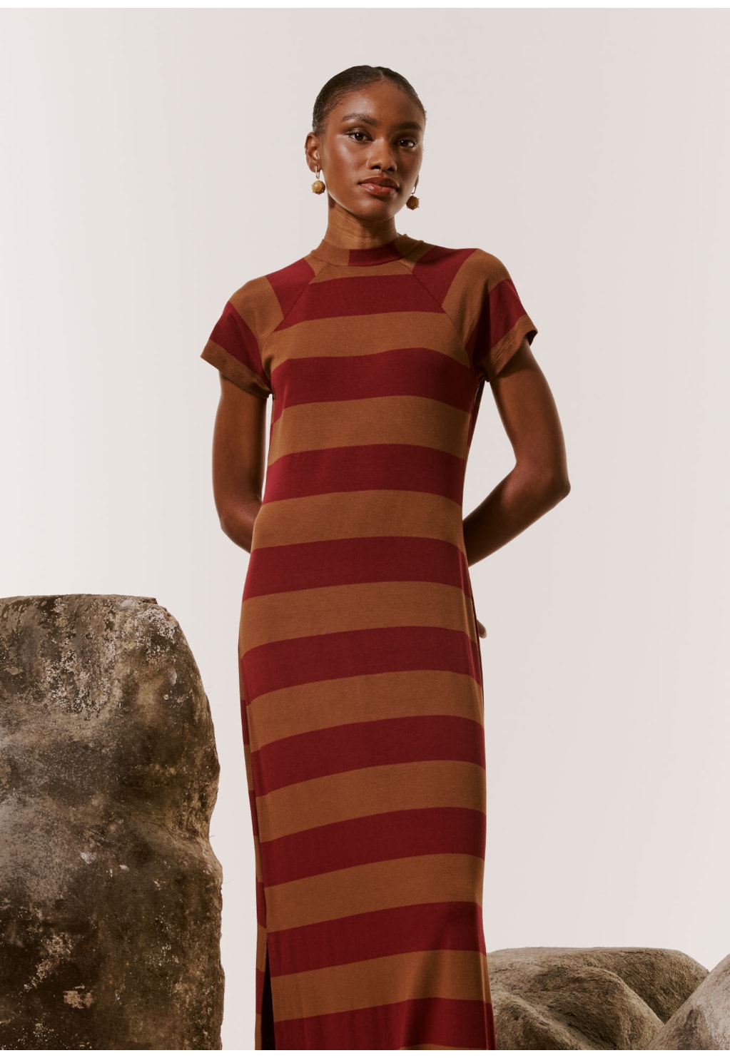 Vestido Midi Manga Listrado