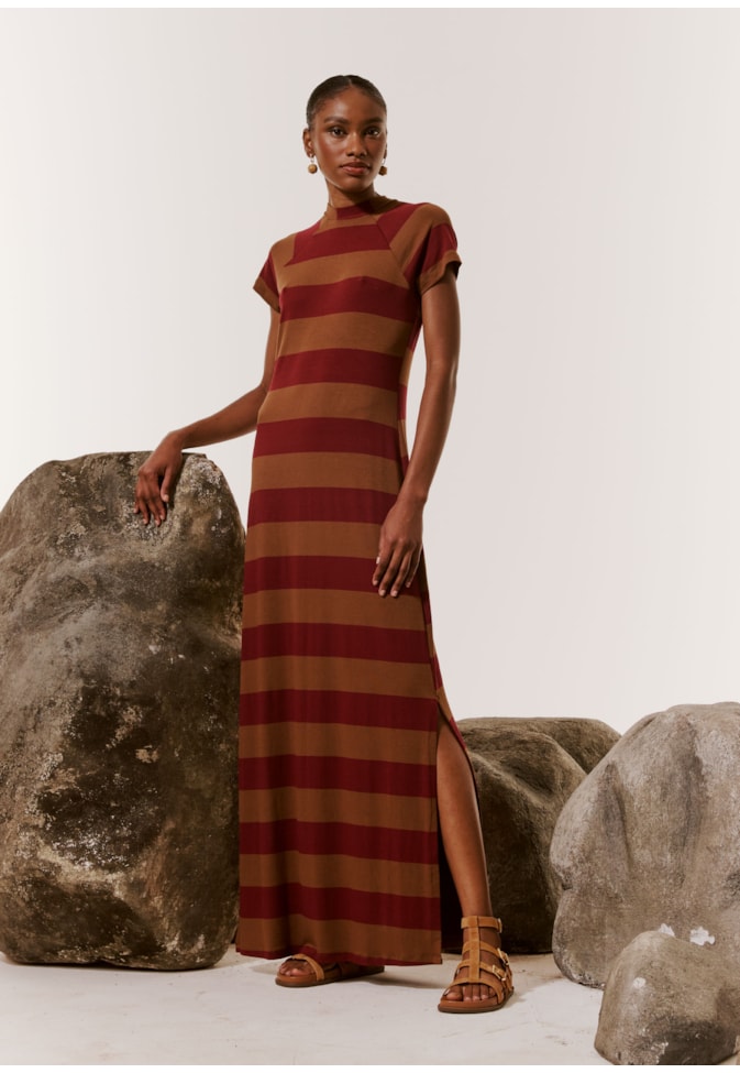 Vestido Midi Manga Listrado