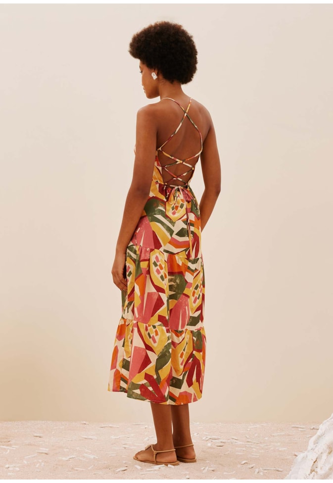 Vestido Midi Maria Aselha Costas Estampado Ilhéus