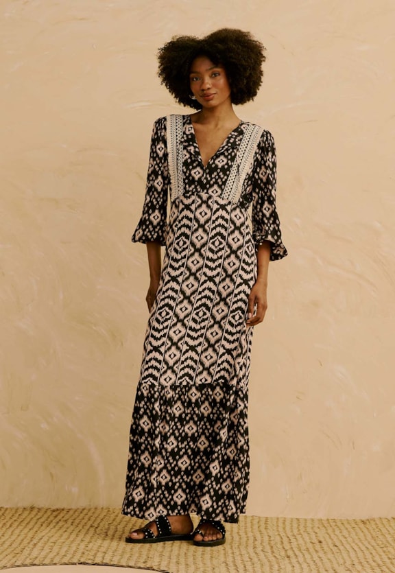 Vestido Midi Mix de Estampas com Mangas Estampado Uros Vista Frontal