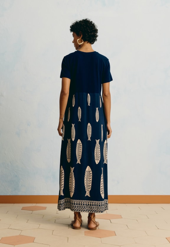 Vestido Midi Mix Estampado Cayma Vista Traseira