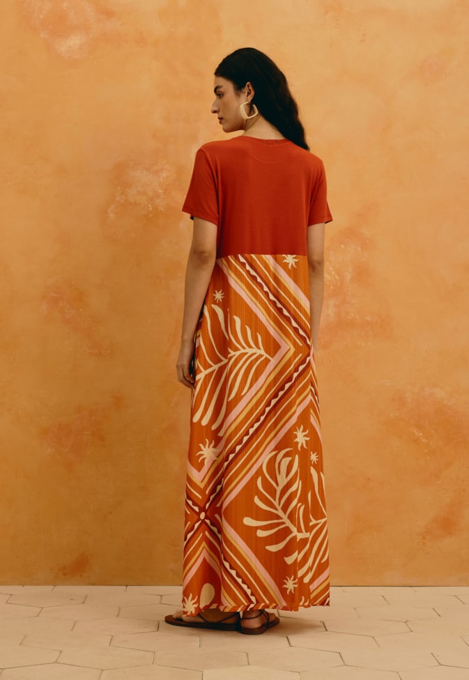Vestido Midi Mix Estampado Lenço Folhagem