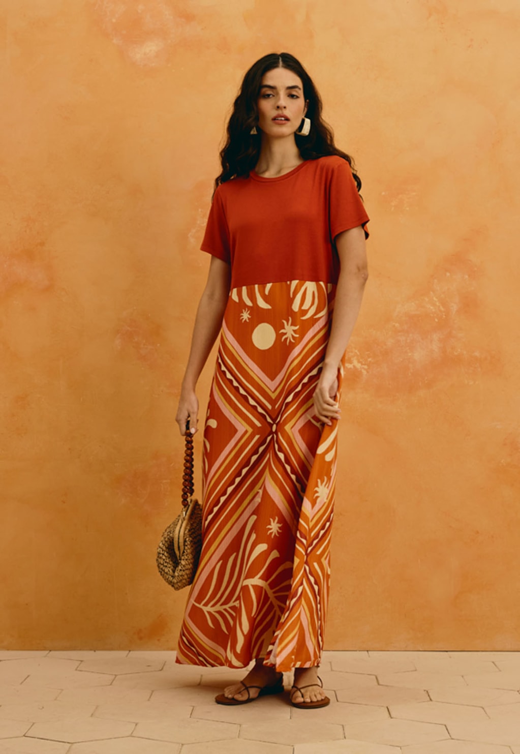 Vestido Midi Mix Estampado Lenço Folhagem