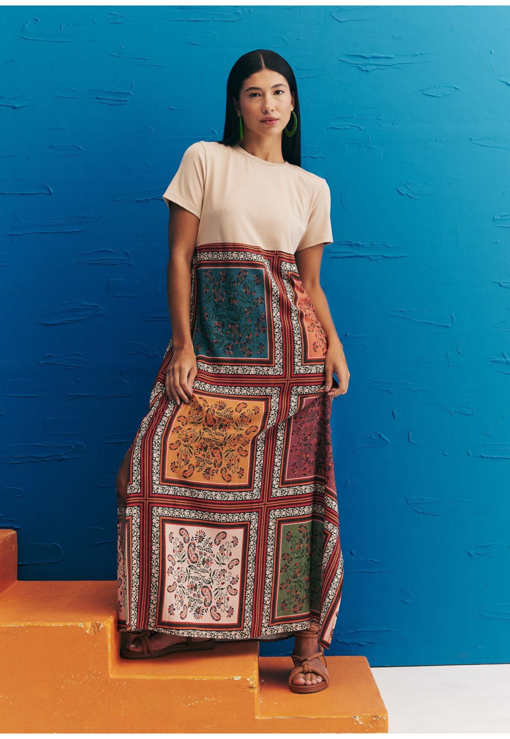 Vestido Midi Mix Tecidos Estampado Los Tapes