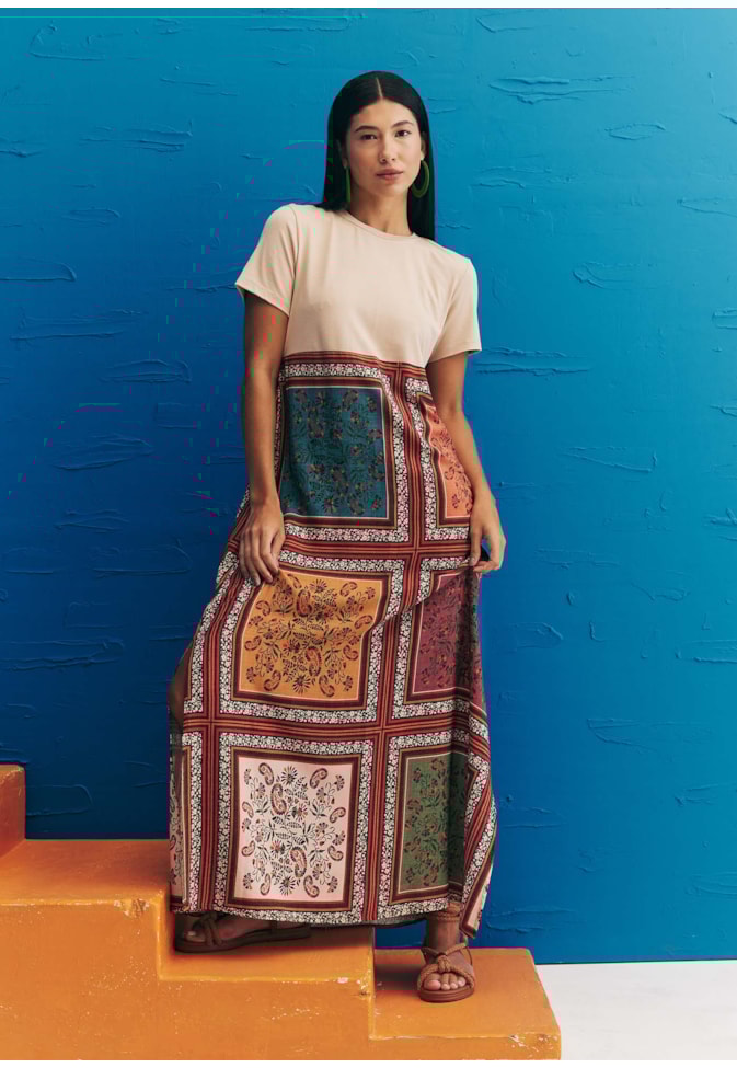 Vestido Midi Mix Tecidos Estampado Los Tapes