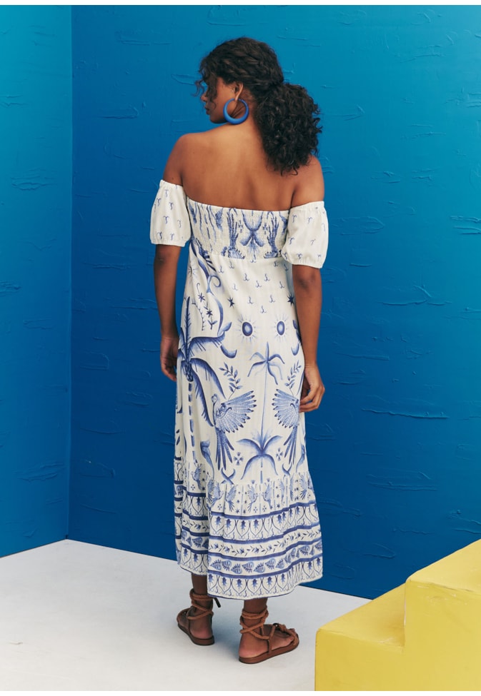 Vestido Midi Ombro a Ombro Estampado Noronha