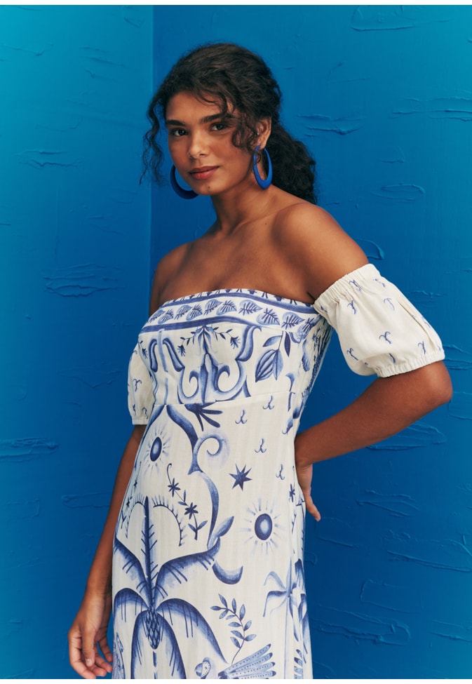 Vestido Midi Ombro a Ombro Estampado Noronha