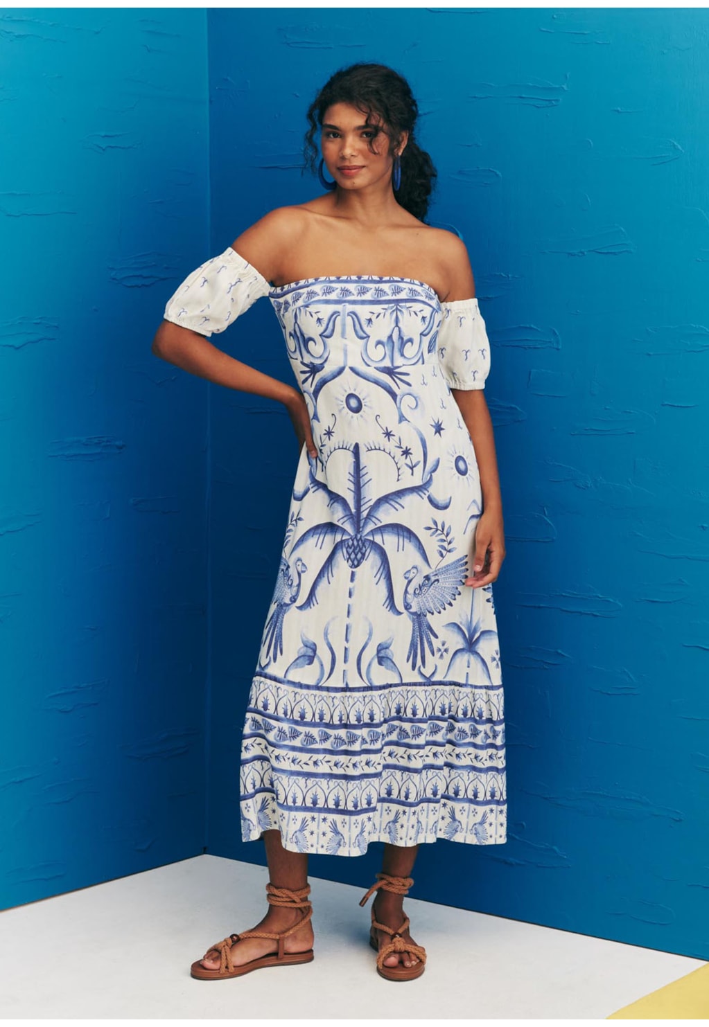 Vestido Midi Ombro a Ombro Estampado Noronha