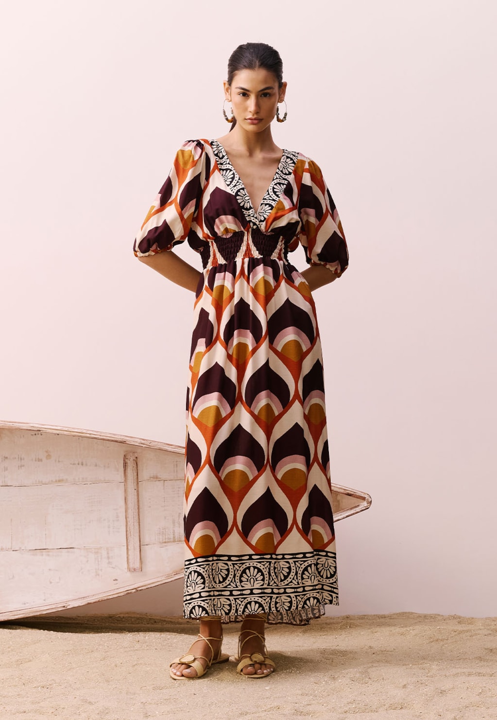 Vestido Midi Pala Lastex Estampado Ponta do Muretá