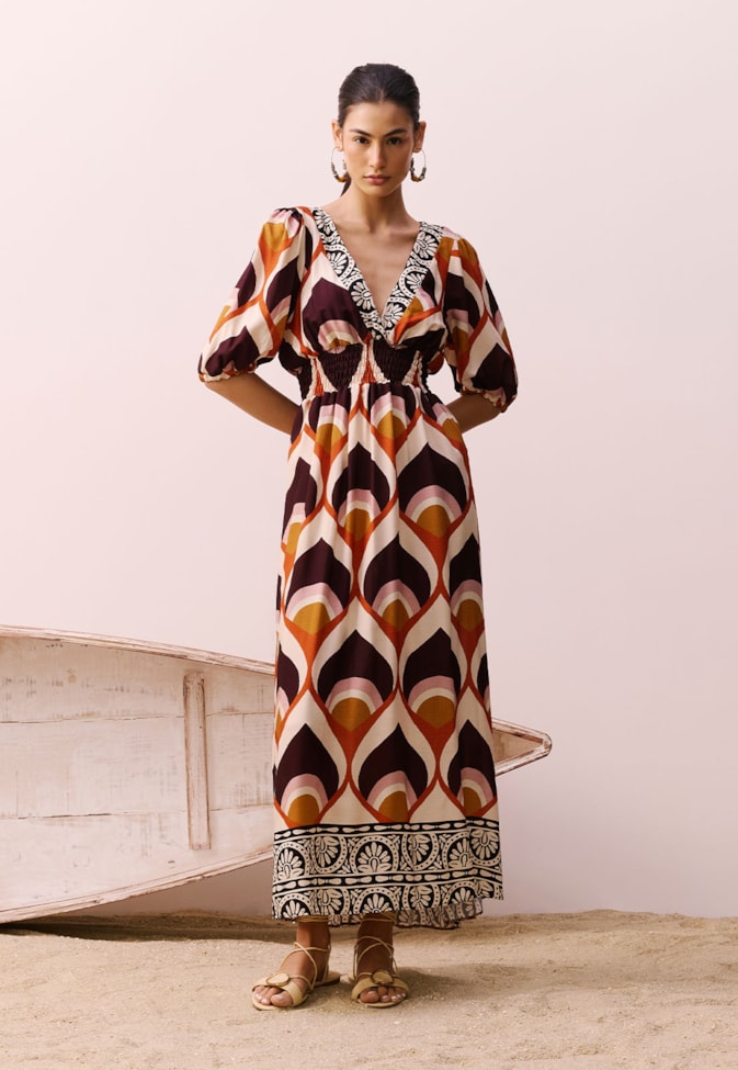 Vestido Midi Pala Lastex Estampado Ponta do Muretá