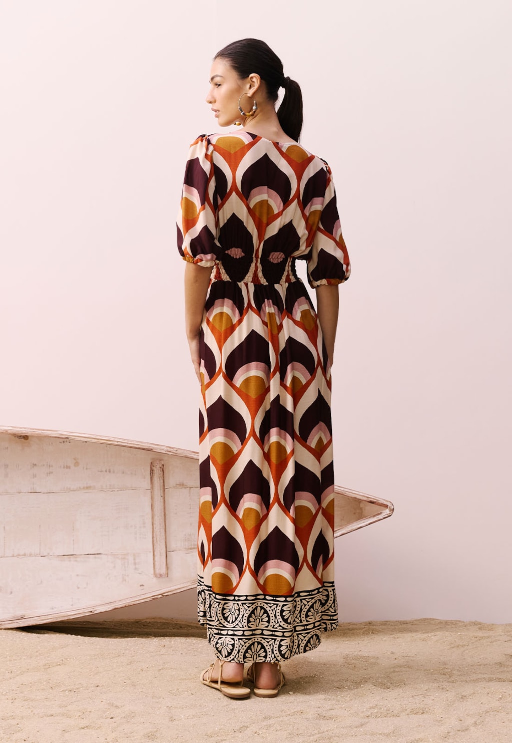 Vestido Midi Pala Lastex Estampado Ponta do Muretá