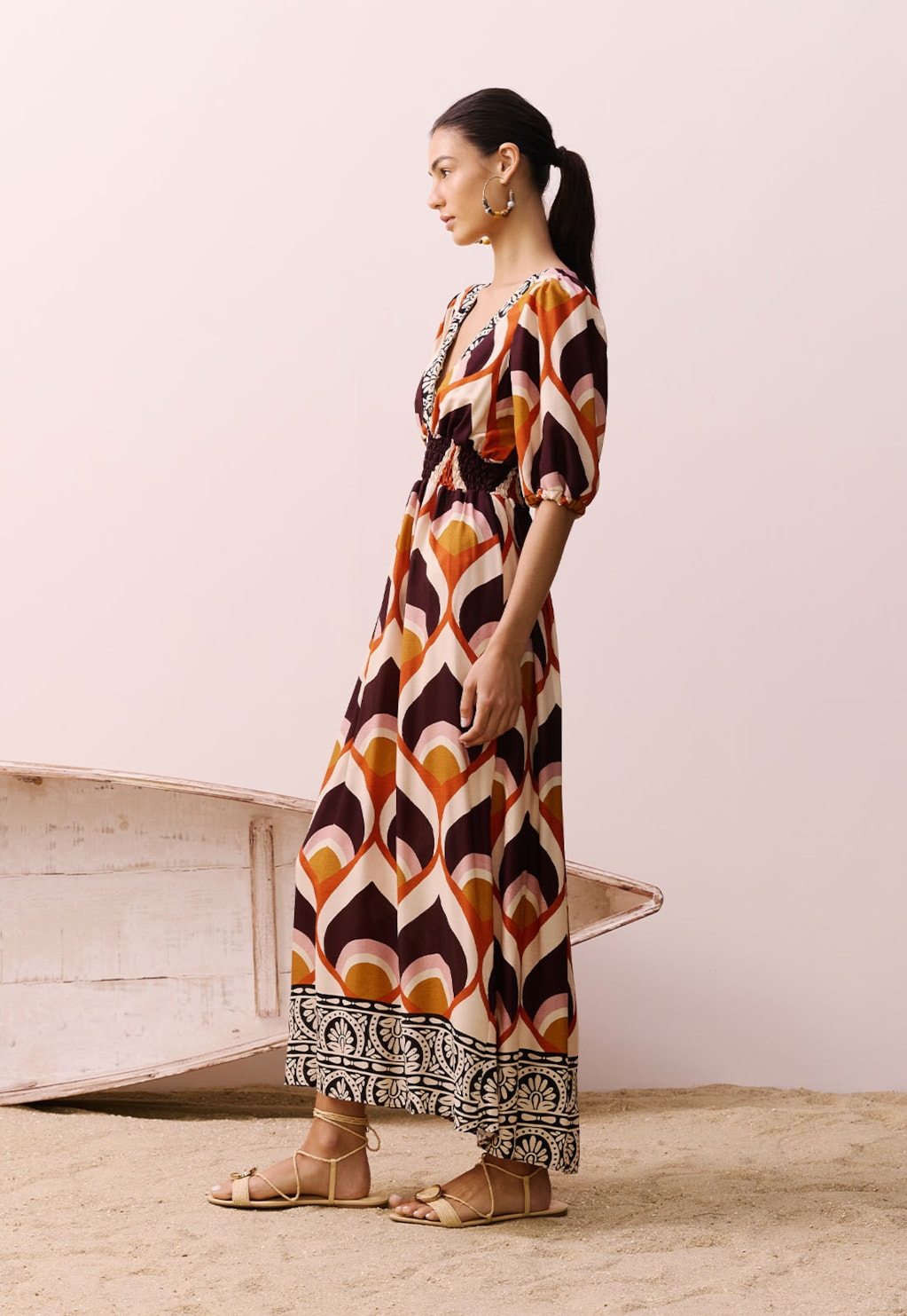 Vestido Midi Pala Lastex Estampado Ponta do Muretá