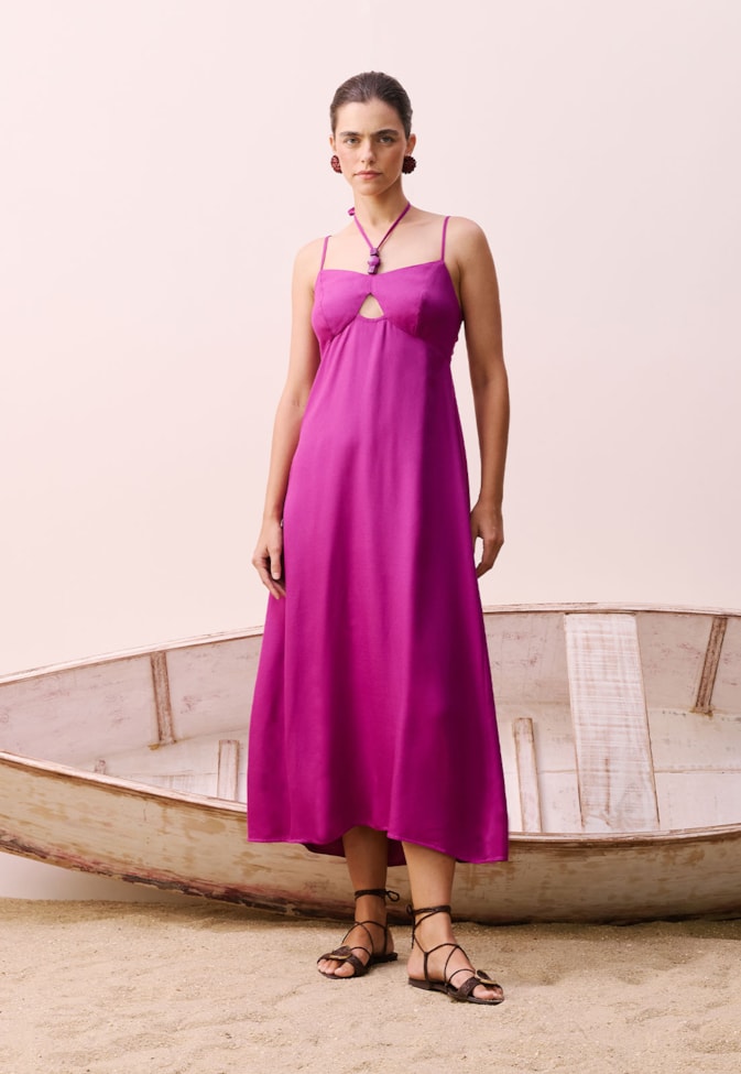 Vestido Midi Passador Assimétrico Decote