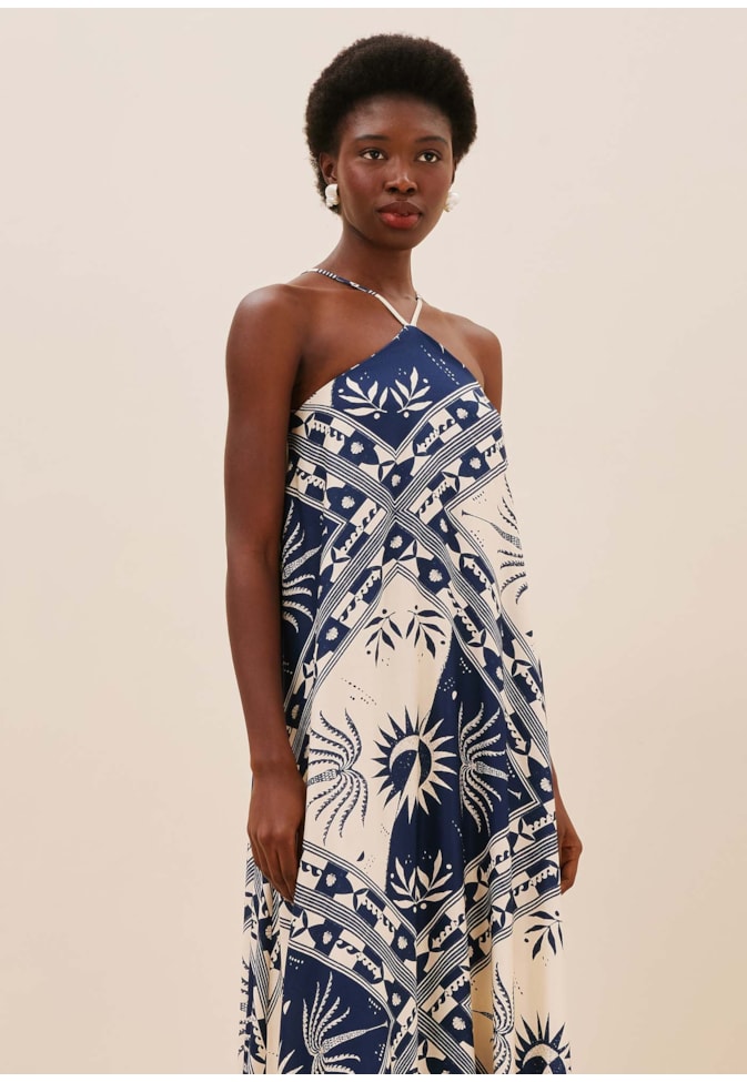 Vestido Midi Pontas Estampado Céu