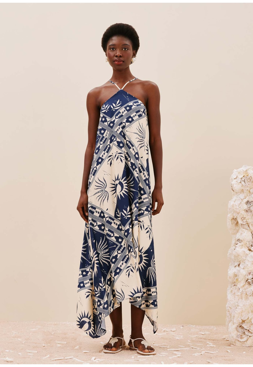 Vestido Midi Pontas Estampado Céu