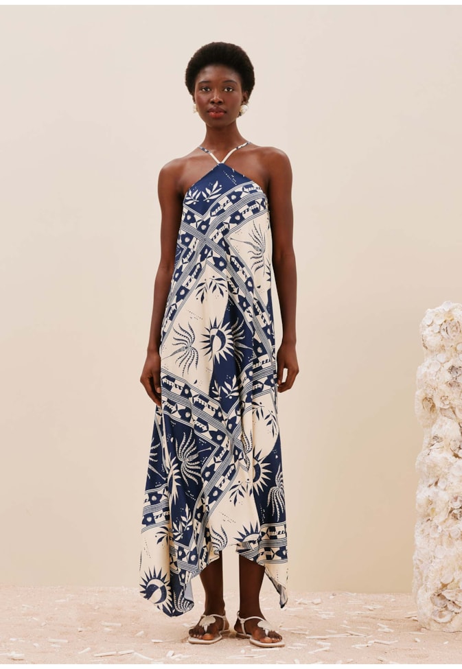 Vestido Midi Pontas Estampado Céu