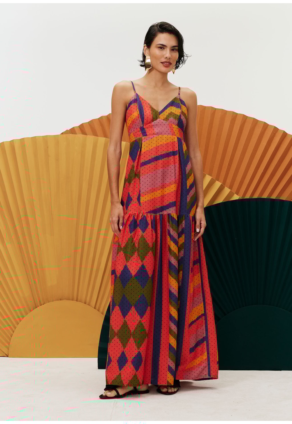 Vestido Midi Pregas Estampado Carimbó