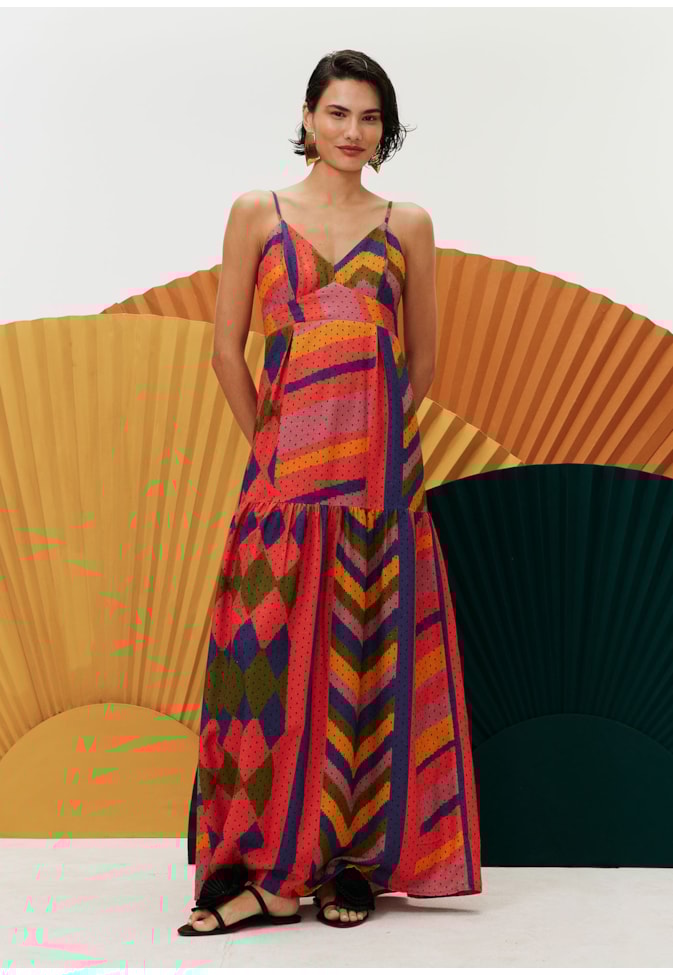 Vestido Midi Pregas Estampado Carimbó