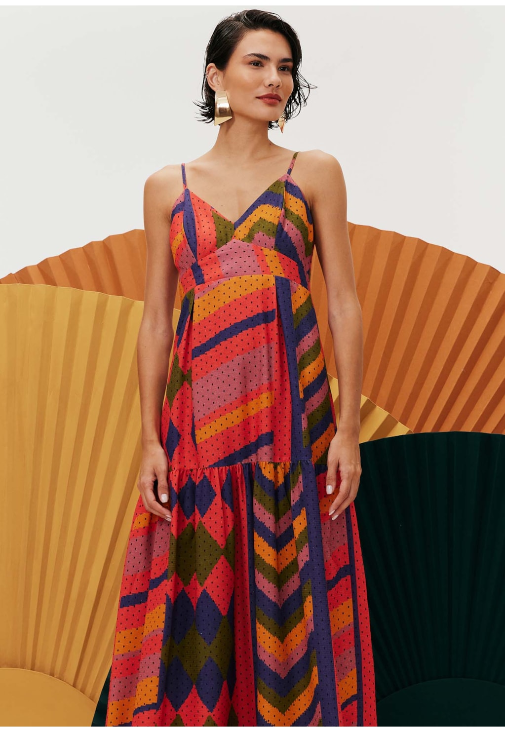 Vestido Midi Pregas Estampado Carimbó