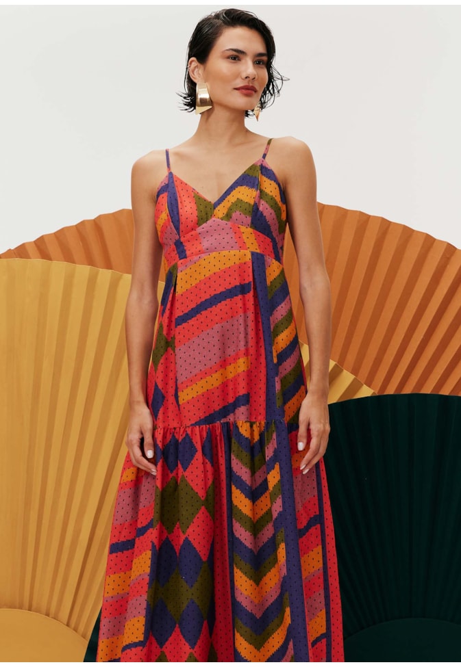 Vestido Midi Pregas Estampado Carimbó