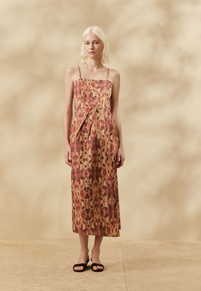 Vestido Midi Pregas Estampado Niebla