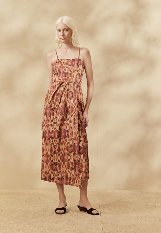 Vestido Midi Pregas Estampado Niebla