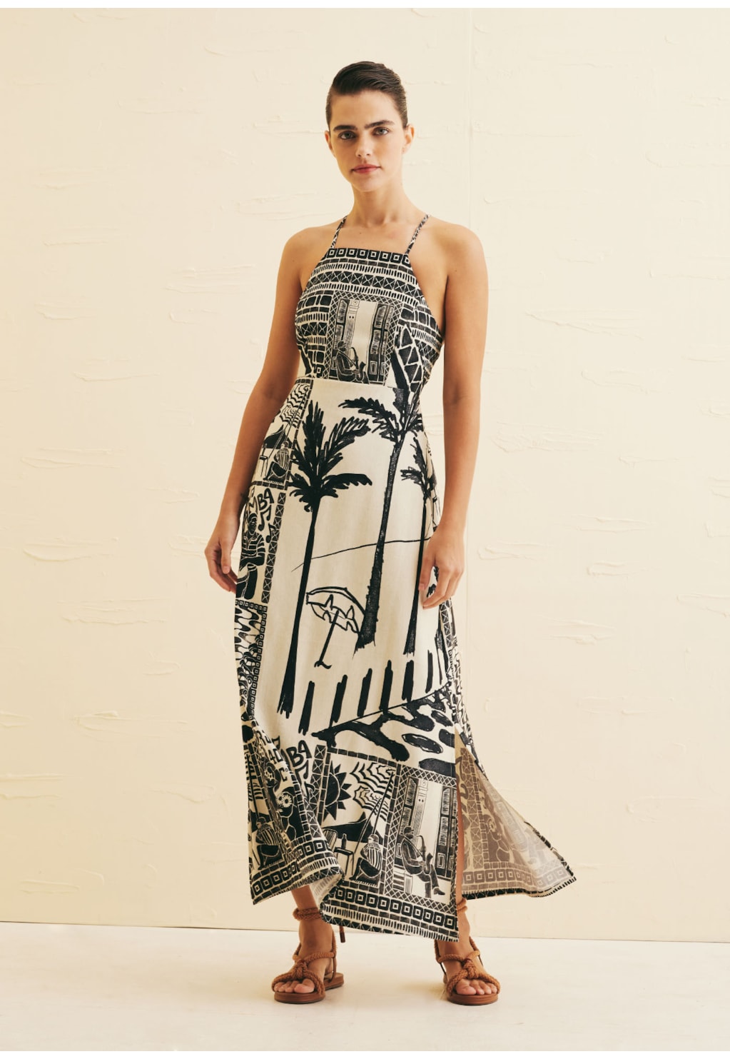 Vestido Midi Recorte Busto Estampado Rio